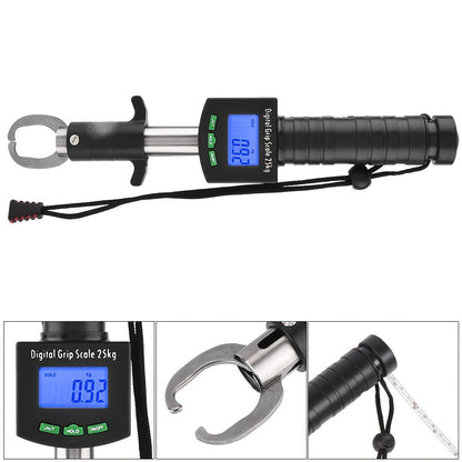 Digital Fishing Scale 25kg/55lb with Tape Measure - Portable Electronic Fish Weight Scale with LCD Display, Fish Mouth Clip & Stainless Steel Hook - Battery Included, Accuracy ±0.1kg
