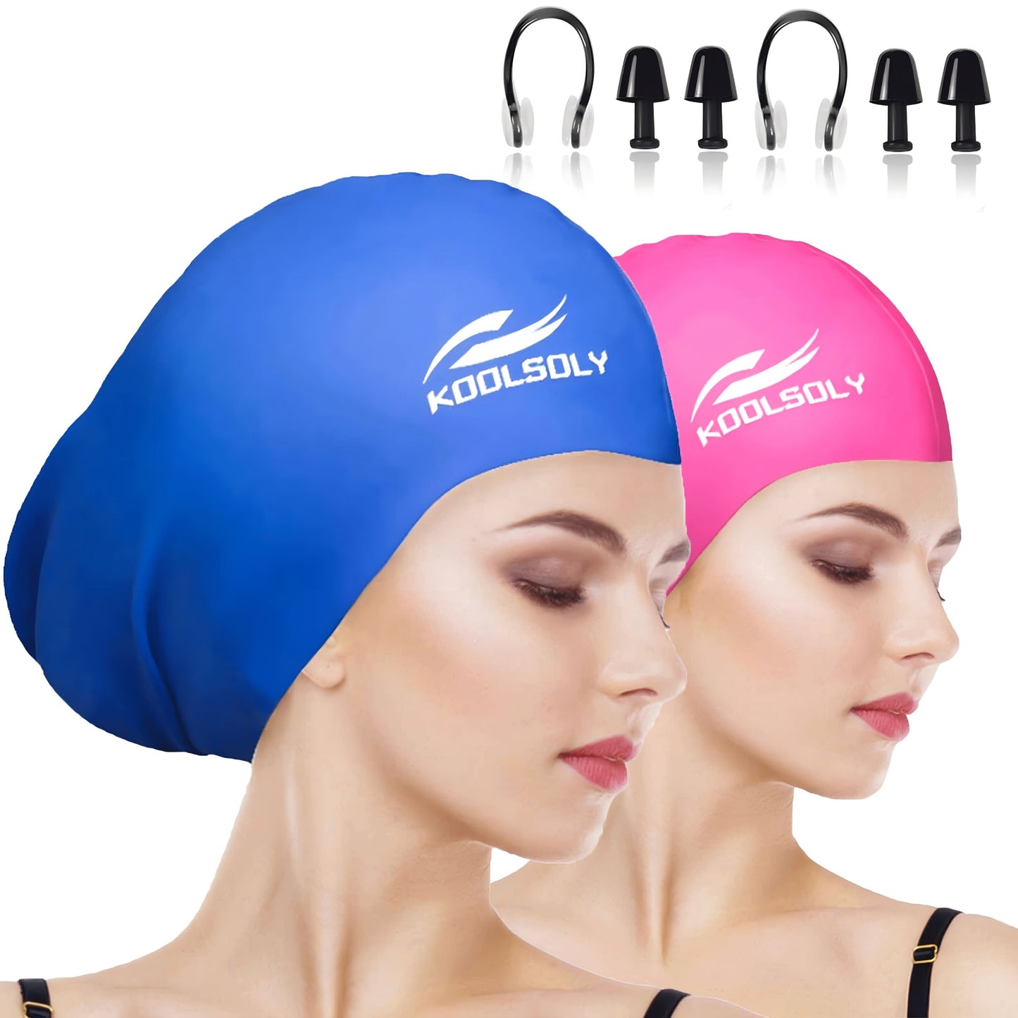 Silicone Swimming Cap 2-Pack – Ear Protection for Long Hair, Includes Earplugs & Nose Clip | Women Men Swim Cap Set