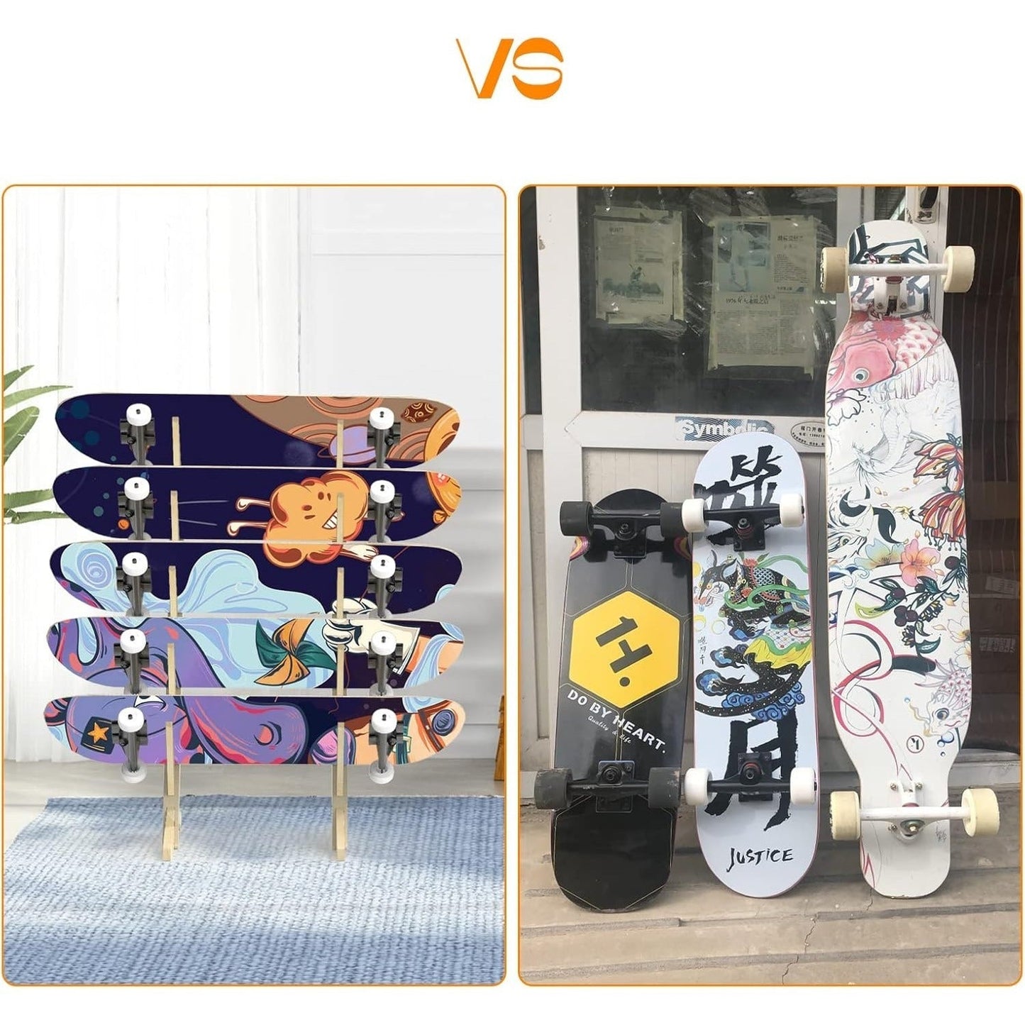 Skateboard Storage Rack 5-Layer Freestanding Wood Display Stand – Holds Longboards, Snowboards & Decks, 75° Angled Shelf with Non-Slip Base, DIY Paintable Pine Wood, Bedroom & Garage Organizer