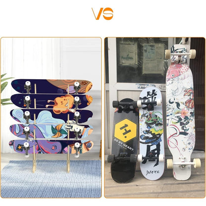 Skateboard Storage Rack 5-Layer Freestanding Wood Display Stand – Holds Longboards, Snowboards & Decks, 75° Angled Shelf with Non-Slip Base, DIY Paintable Pine Wood, Bedroom & Garage Organizer
