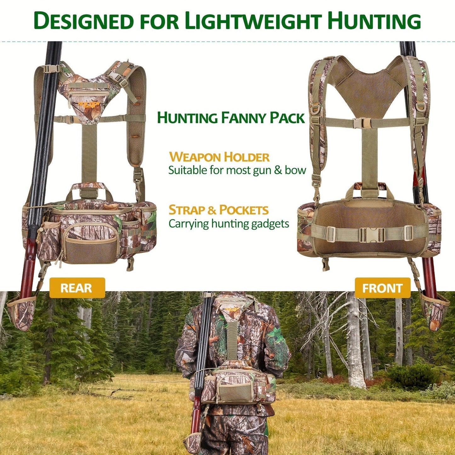 Hunting Fanny Pack for Men with 9 Pockets – Camouflage Waist Bag with Rifle & Bow Holder, Adjustable Strap & Buckle Closure for Hunters & Outdoor Tactical Use