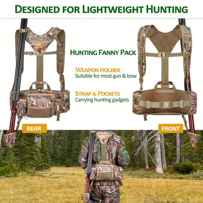 Hunting Fanny Pack for Men with 9 Pockets – Camouflage Waist Bag with Rifle & Bow Holder, Adjustable Strap & Buckle Closure for Hunters & Outdoor Tactical Use