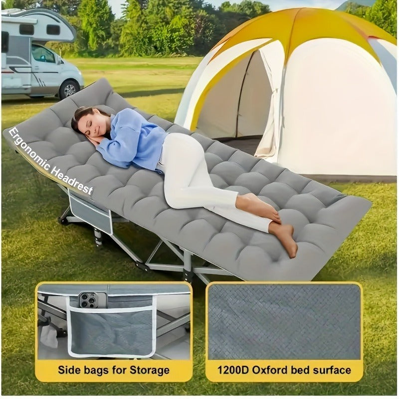 Camping Cot 74 Inch Heavy Duty Folding Bed – Portable Foldable Sleeping Cot with Double-Sided Plaid Mattress & Carry Bag, Outdoor Lounger for Sports Field, Backyard & Guest Use (74x30 in)