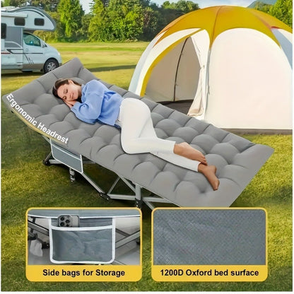Camping Cot 74 Inch Heavy Duty Folding Bed – Portable Foldable Sleeping Cot with Double-Sided Plaid Mattress & Carry Bag, Outdoor Lounger for Sports Field, Backyard & Guest Use (74x30 in)
