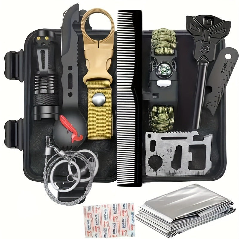 Tactical Survival Kit Multi-Tool Box – Emergency Outdoor Gear with Magnesium Fire Starter, Flint & First Aid Supplies for Camping, Hiking, Hunting & SOS Situations – Best Gift for Men