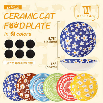 Ceramic Cat Bowls Set of 6 – Shallow Wide Cat Food Plate Whisker Friendly with Non-Slip Mat, Fairy Tales Colorful Design, 5.75" Microwave & Dishwasher Safe Cat Dish 8.5oz