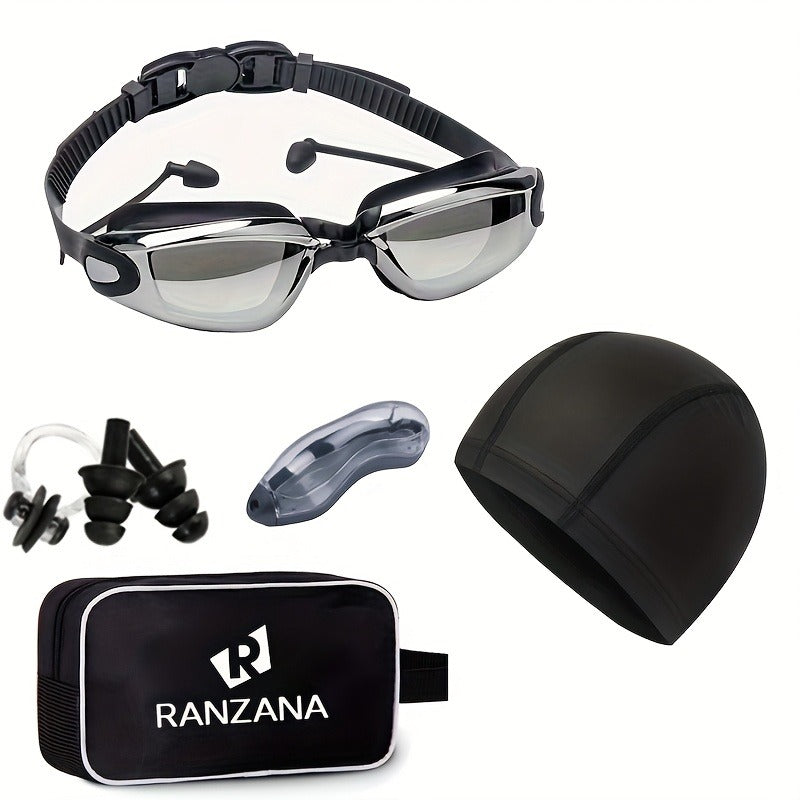 Swimming Goggles 6pcs Set with Cap Nose Clip Earplugs & Storage Bag – UV Protection Anti-Fog Adult Racing Swim Goggles Bundle, Silver-Coated Black Lens, Waterproof PU Swim Cap Included