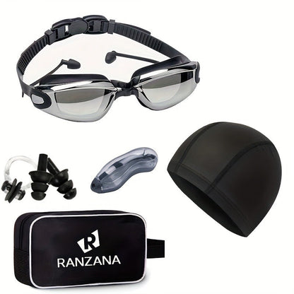 Swimming Goggles 6pcs Set with Cap Nose Clip Earplugs & Storage Bag – UV Protection Anti-Fog Adult Racing Swim Goggles Bundle, Silver-Coated Black Lens, Waterproof PU Swim Cap Included