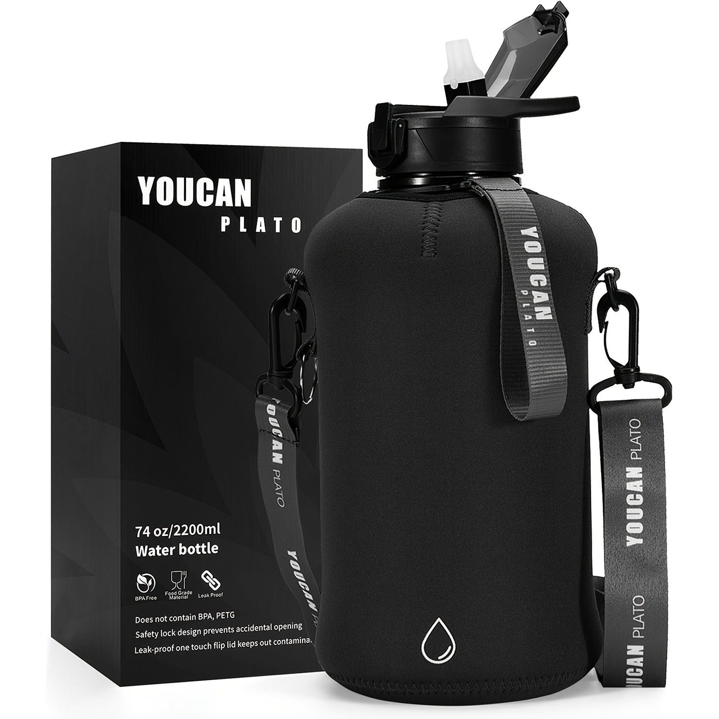 Half Gallon Water Bottle 74oz with Insulated Sleeve, Straw & Time Marker – BPA Free Leakproof Large Sports Jug with Carrying Handle & Strap for Gym, Fitness & Outdoor