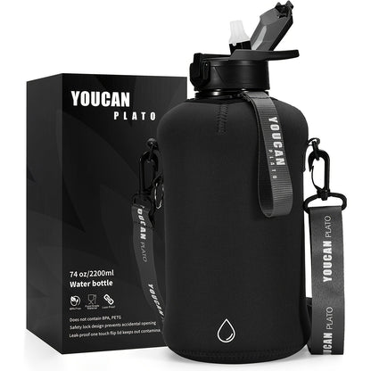 Half Gallon Water Bottle 74oz with Insulated Sleeve, Straw & Time Marker – BPA Free Leakproof Large Sports Jug with Carrying Handle & Strap for Gym, Fitness & Outdoor