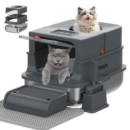 Stainless Steel Cat Litter Box with Lid - Extra Large 68L Enclosed & Semi-Open Modular System, 304 Steel Non-Stick Easy Clean, Charcoal Filter, Litter Mat & Scoop Included, Indoor XL Pet Toilet