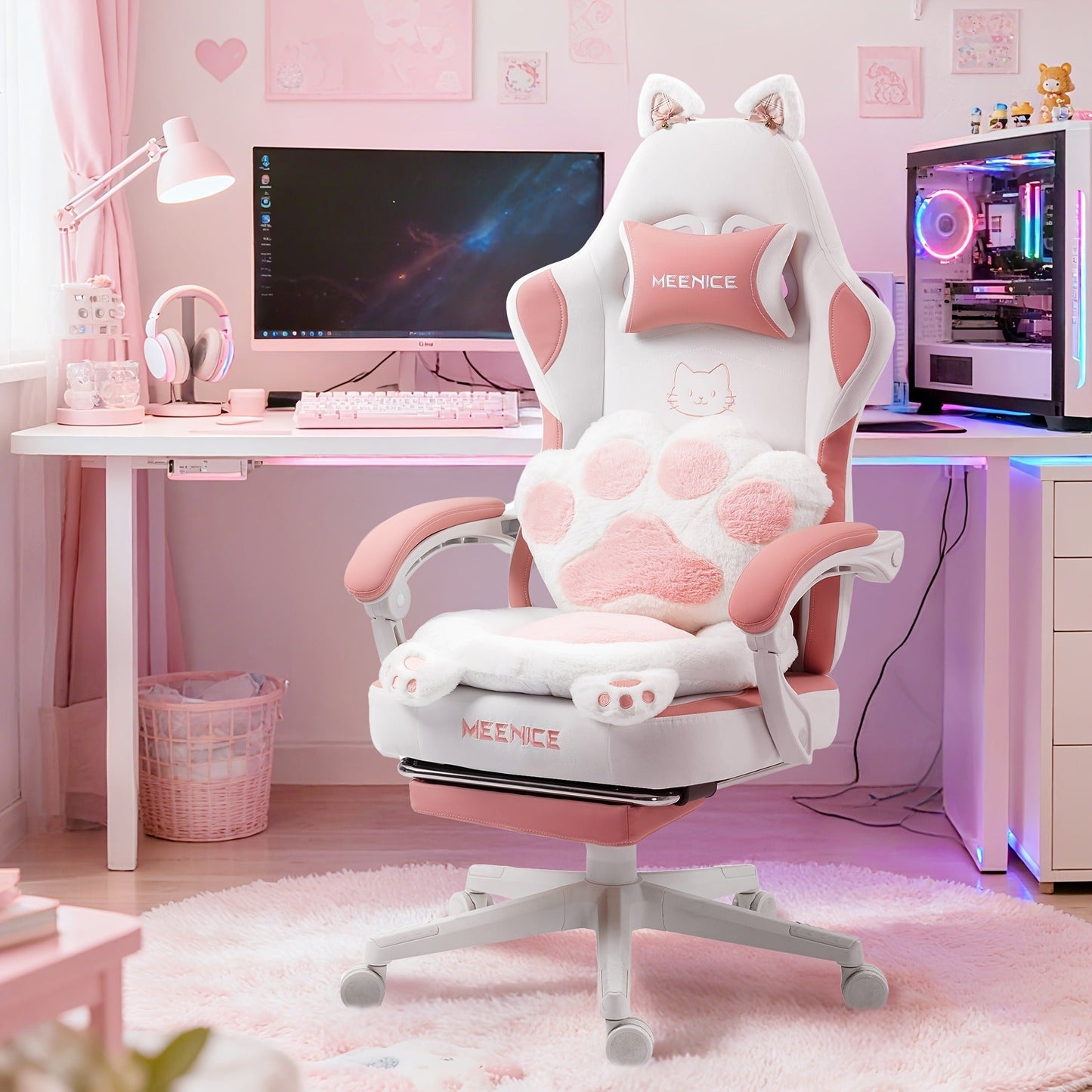 Cat Ear Gaming Chair Ergonomic Reclining Computer Chair with Footrest Paw Lumbar Cushion Wingback PC Game Chair for Girls Adults 300LBS Pink Black Blue