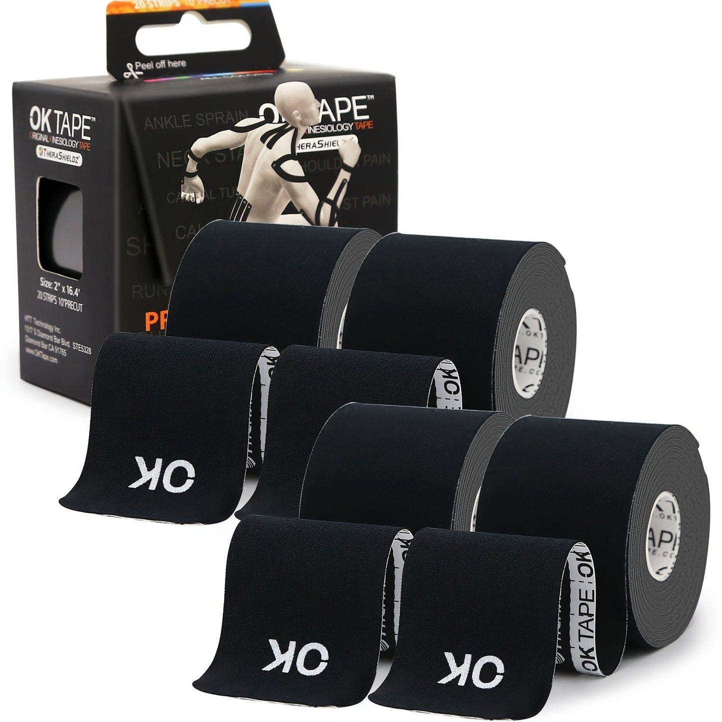 Kinesiology Tape 4 Rolls Precut 20 Strips, Cotton Elastic Athletic Tape Latex Free 2in x 16ft for Knee Shoulder Muscle Support Sports Recovery, Beige Black Pink Navy Blue Green Red