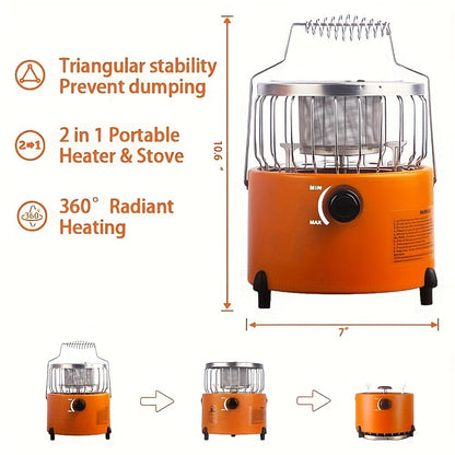 Portable Propane Camping Stove 9000 BTU – 2-in-1 Indoor & Outdoor Gas Heater for Camping, Cooking & Emergency Preparedness, Adjustable Flame, Stainless Steel, Compact 10.7x7 Inch with Gas Hose & MAPP Converter (Yellow)