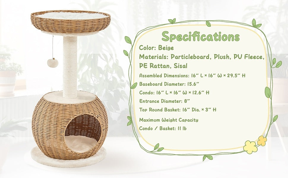 Cat Tree 29.5 Inch Rattan Cat House with Natural Sisal Scratching Post – Woven Cat Condo, Soft Cushion Perch, Hanging Bell Toy, Luxury Cat Furniture for Small to Medium Cats, Beige