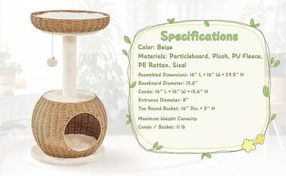 Cat Tree 29.5 Inch Rattan Cat House with Natural Sisal Scratching Post – Woven Cat Condo, Soft Cushion Perch, Hanging Bell Toy, Luxury Cat Furniture for Small to Medium Cats, Beige