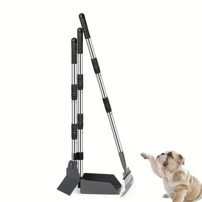 Dog Pooper Scooper Set - Stainless Steel Tray & Rake with Adjustable Long Handle, Rust-Proof Durable Pet Waste Removal Tool, Easy to Clean, Ideal for All Dog Breeds, Yard & Outdoor Use