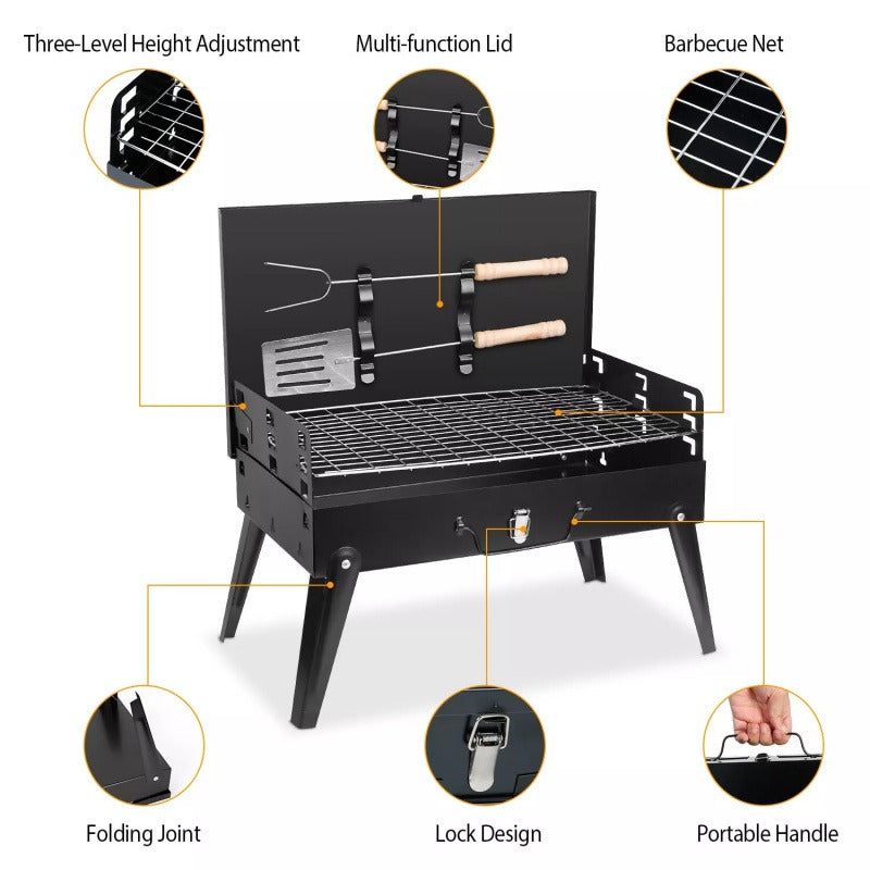 Portable Charcoal BBQ Grill Foldable - Lightweight Compact Outdoor Smoker Grill for Camping, Picnics, Hiking & Backyard Barbecue - Easy Setup Tabletop Charcoal Grill