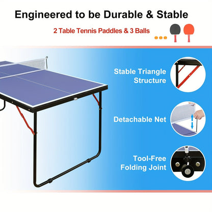 Foldable Ping Pong Table 4.5ft – Portable Midsize Table Tennis Table for Indoor & Outdoor, Family & Camping Game Set with 2 Paddles, 3 Balls & Net
