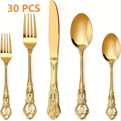 Stainless Steel Flatware Set – Vintage Royal Golden & Silver Silverware Set for 6, Rust-Resistant Dishwasher Safe Cutlery with Forks, Spoons & Knives – Available in 30 / 48 / 60 / 84 Piece Sets