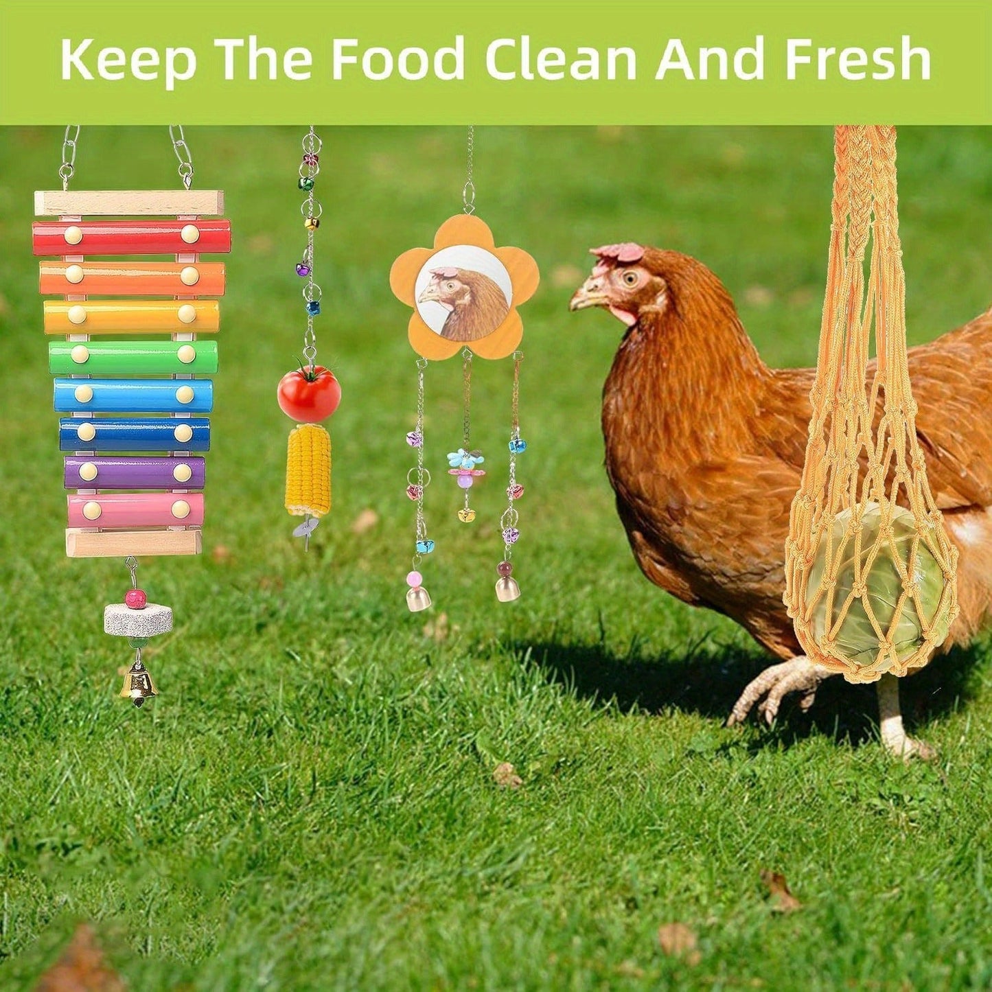 Chicken Coop Toys Set – Xylophone, Swing, Mirror, Step Ladder & Pecking Toys for Hens, Wood & Colorful Bead Enrichment Accessories for Backyard Chickens & Parrots, 5pcs or 9pcs
