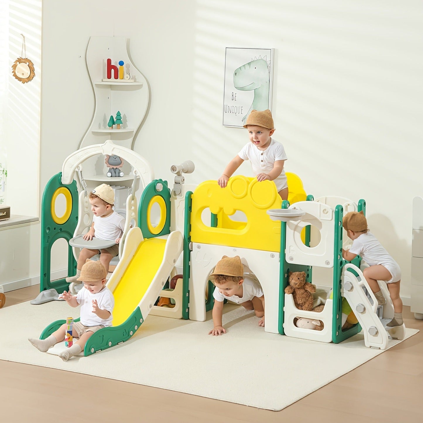 9-in-1 Foldable Toddler Slide with Basketball Hoop Telescope Climbing Set Indoor Outdoor Kids Playset Extended Slide for Toddlers Boys Girls
