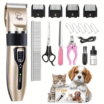 12-in-1 Pet Hair Trimmer Kit USB Rechargeable - Professional Cordless Electric Clippers for Dogs Cats Puppies Kittens, Adjustable Blade 5 Guide Combs Nail Clipper Scissors, Silent Home Grooming Set