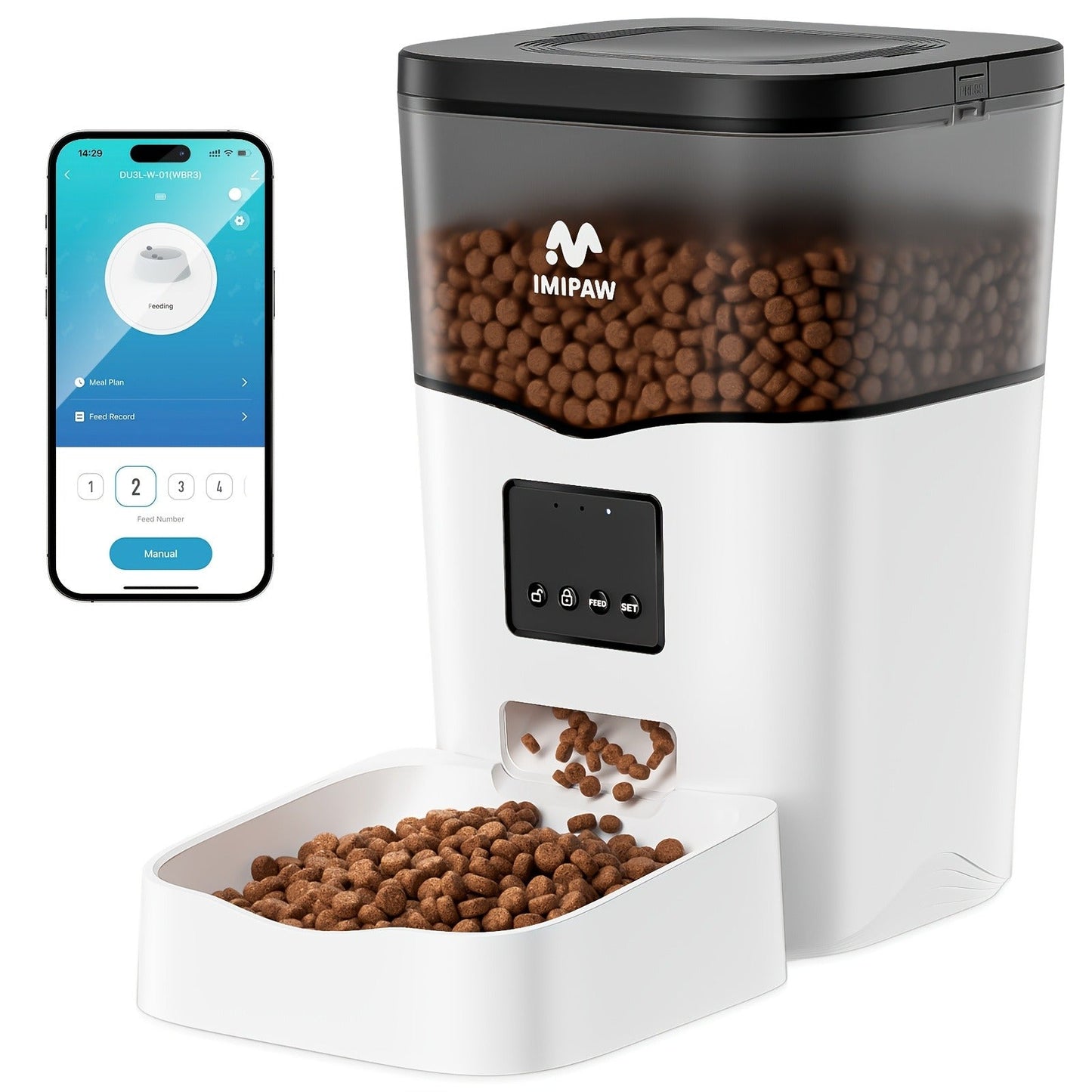 Smart WiFi Automatic Pet Feeder 101oz - App Control, Up to 10 Meals Per Day, HD Camera Option with 2.4G & 5G, Voice Assistant Compatible, USB Powered, Remote Monitoring for Cats & Dogs, IMIPAW