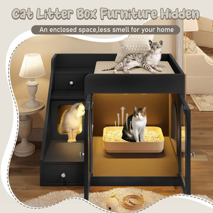 Cat Litter Box Enclosure Furniture Hidden Cabinet with LED Light & 2 Drawers – MDF Indoor Cat House Side Table with Acrylic Door, Stair Steps & 110 lb Capacity, Gray White Black