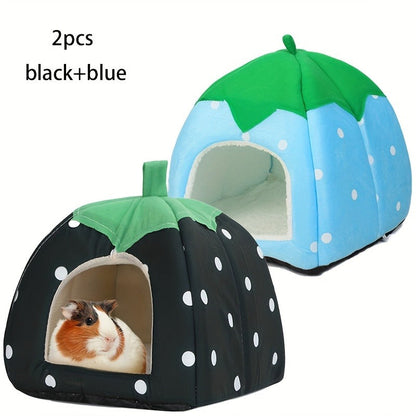 Small Animal Hideaway Bed 2pcs – Strawberry Plush Hideout for Guinea Pigs, Hamsters & Rabbits, Semi-Enclosed Warm Nest with Leaf Design, Washable, Multiple Color Options
