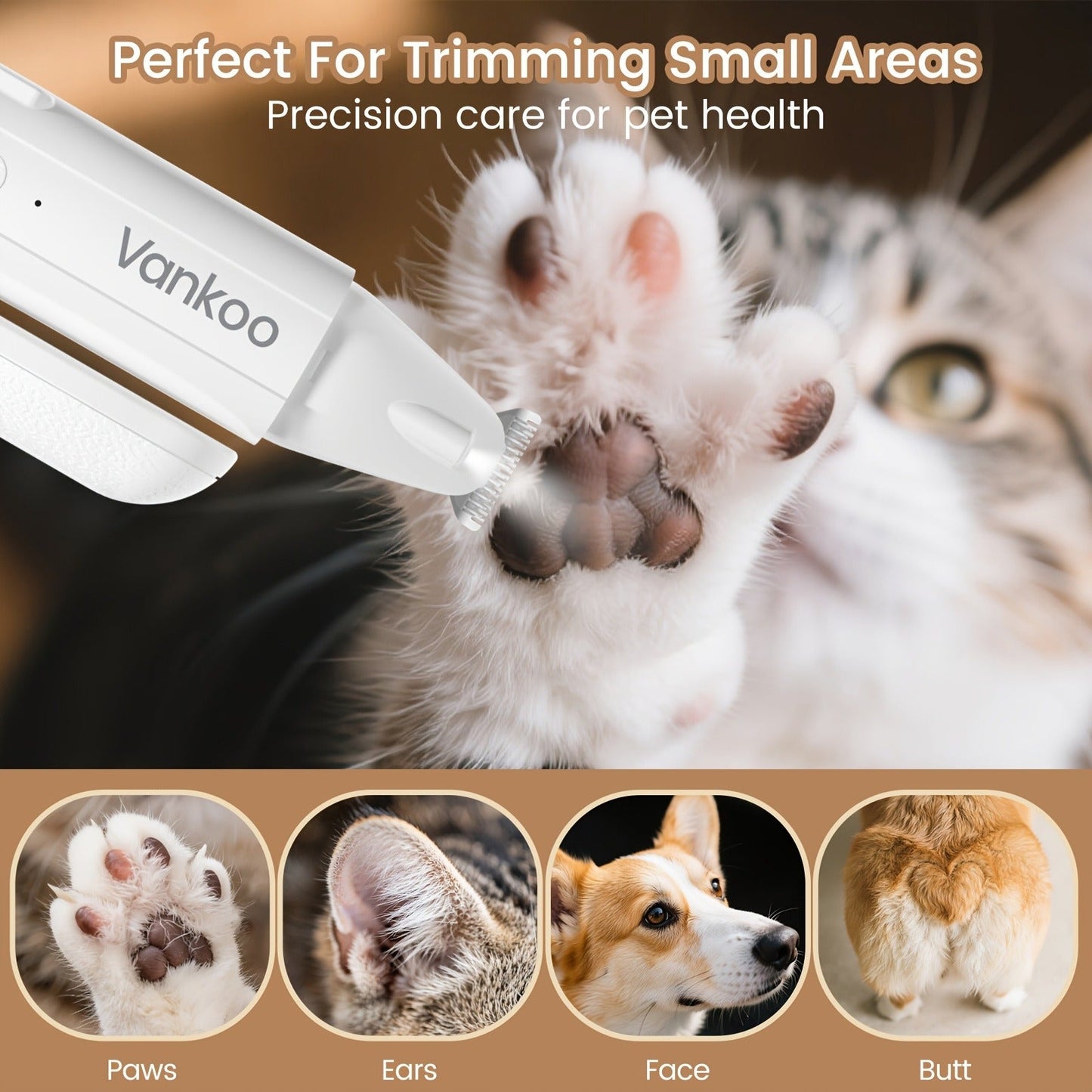 2-in-1 Pet Grooming Clipper with LED Light – Rechargeable Nail Cutter & Paw Hair Trimmer for Dogs & Cats | Precision Trimming for Paws, Face, Ears & Rump | Safe, Quiet & Cordless | White