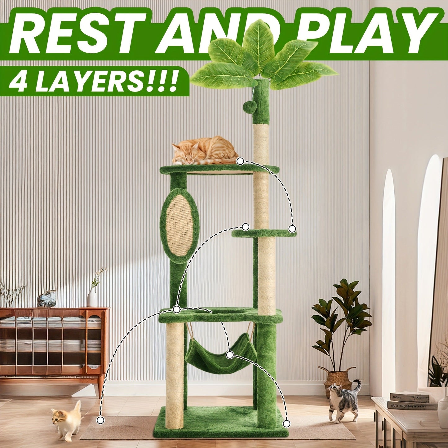 Cat Tree 55" Large Multi-Level Cat Tower for Indoor Cats with Green Leaves, Hammock, Sisal Scratching Posts & Hanging Ball Toy – Cat Furniture for Living Room