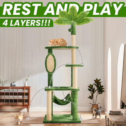 Cat Tree 55" Large Multi-Level Cat Tower for Indoor Cats with Green Leaves, Hammock, Sisal Scratching Posts & Hanging Ball Toy – Cat Furniture for Living Room