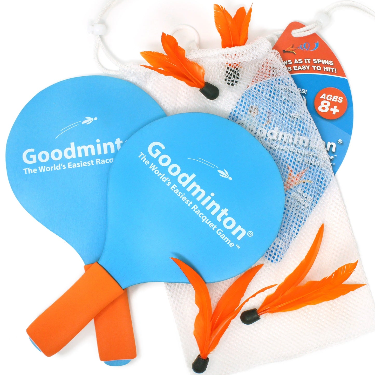 Goodminton Racquet Game Set | World's Easiest Indoor Outdoor Paddle Game for Kids, Adults & All Ages – 2 Racquets, 4 Birdies & Portable Mesh Bag – Fun for Parties, Tailgating & Family Play