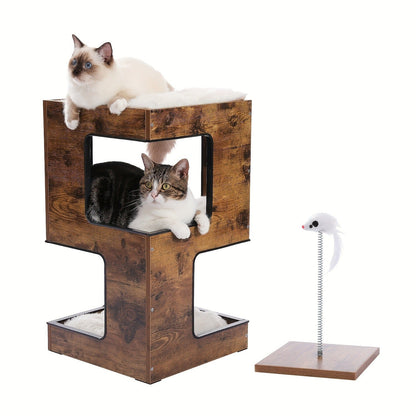 Cat Tree Small Modern 23.6" Wood Cat Tower Furniture with Scratching Pad Removable Soft Mats & Free Cat Toy for Indoor Kittens, Climbing Scratching Playing Cat Furniture for Small Spaces, Brown