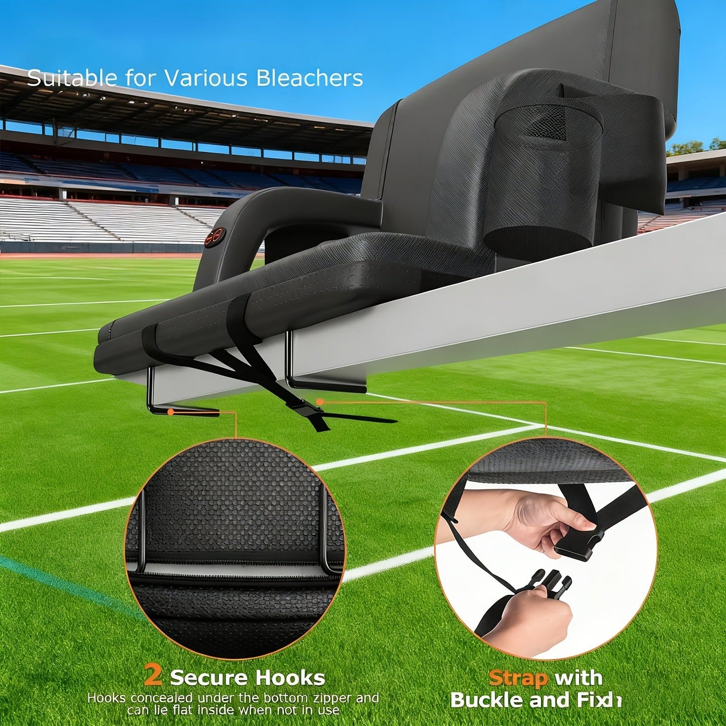 Heated Stadium Seat with Back Support for Bleachers 6 Reclining Positions 3 Heat Levels Dual-Zone USB Heated Bleacher Chair with 5 Storage Pockets Adjustable Armrests Portable Backpack Strap for Sports Games Concerts Outdoor Events