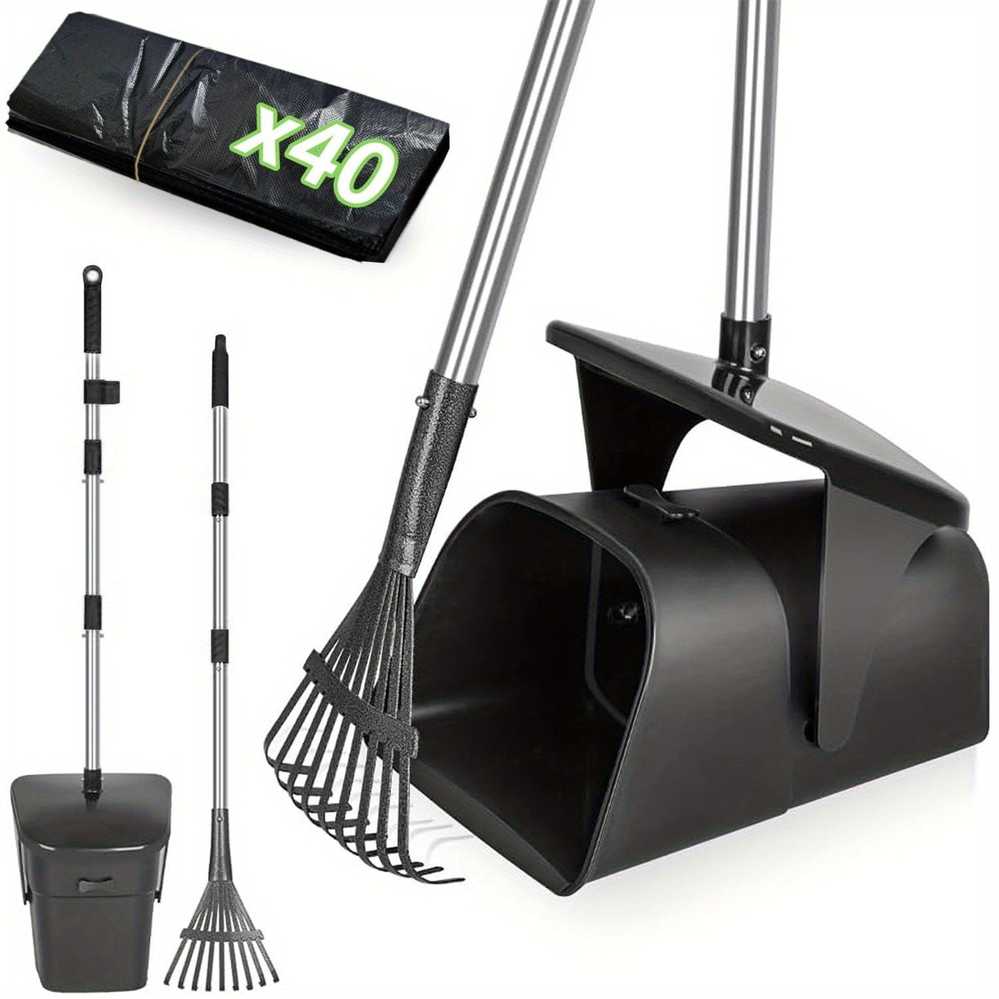 Dog Pooper Scooper with Long Handle & Swivel Bin - Heavy Duty Rake Spade Set, 40 Waste Bags Included, Pet Waste Removal for Yard Grass Gravel