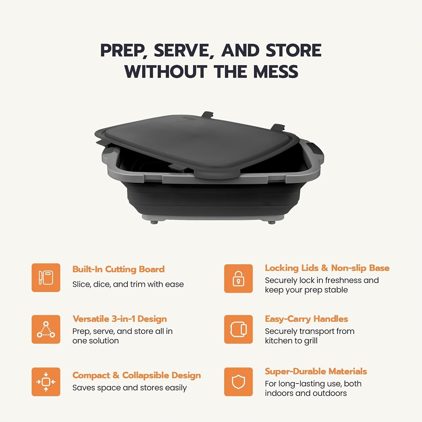 Collapsible BBQ Prep Tub 3-in-1 Grill Caddy – Cutting Board, Washing Basket & Prep Station | Food-Grade Plastic, Drainage Hole, Foldable for Camping & Outdoor Grilling