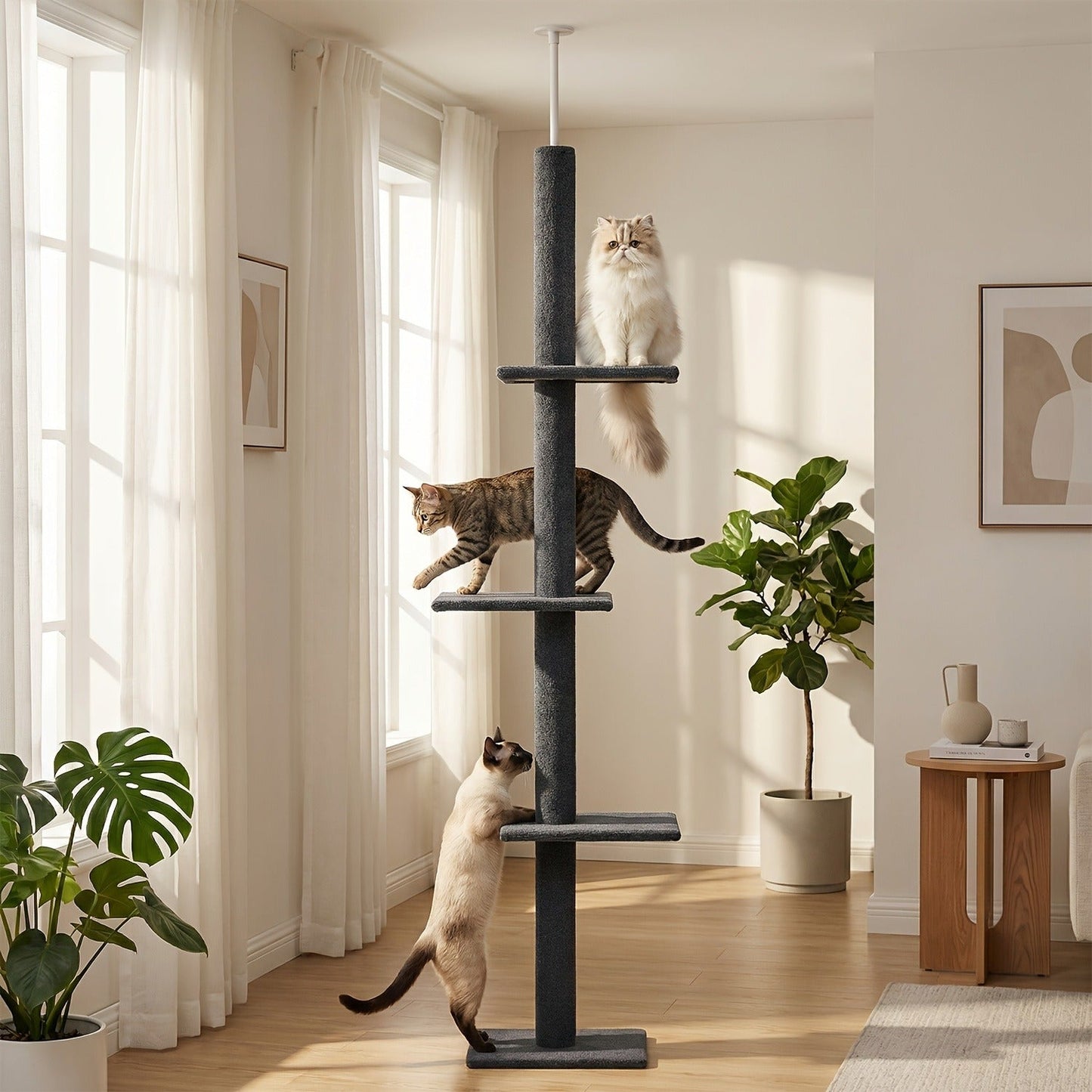 Floor to Ceiling Cat Tree Tower 90–107" – 4-Tier Tall Adjustable Cat Climbing Post with Tension Rod | Ceiling-Mounted Stable Cat Activity Center for Indoor Cats, Multiple Colors
