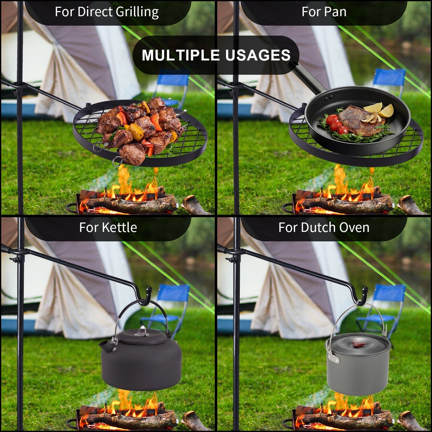 Campfire Grill Grate with Hanging Pole – Height Adjustable, 360° Rotation, 48" Thick Steel Pole, Swivel Grate Ring for Kettle, Dutch Oven & Pan – Portable Open Fire Cooking Grill for Camping & Outdoor