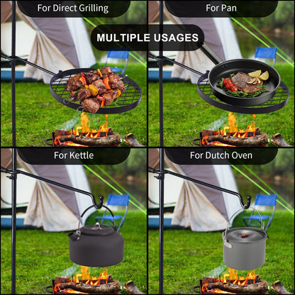 Campfire Grill Grate with Hanging Pole – Height Adjustable, 360° Rotation, 48" Thick Steel Pole, Swivel Grate Ring for Kettle, Dutch Oven & Pan – Portable Open Fire Cooking Grill for Camping & Outdoor