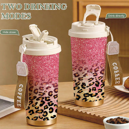 Insulated Stainless Steel Tumbler 18oz - Pink Glitter & Golden Leopard Print, Leak-Proof Foldable Straw Lid, Keep Hot 12H Cold 24H, Trendy Travel Coffee Cup Gift for Women