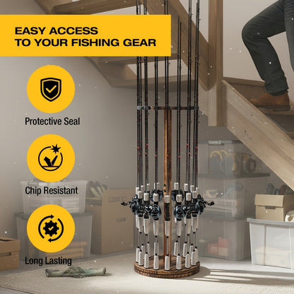 Wooden Fishing Rod Rack 360 Degree Rotating Circular Holds 16 Rods Space Saving Fishing Pole Organizer for Garage Home Storage