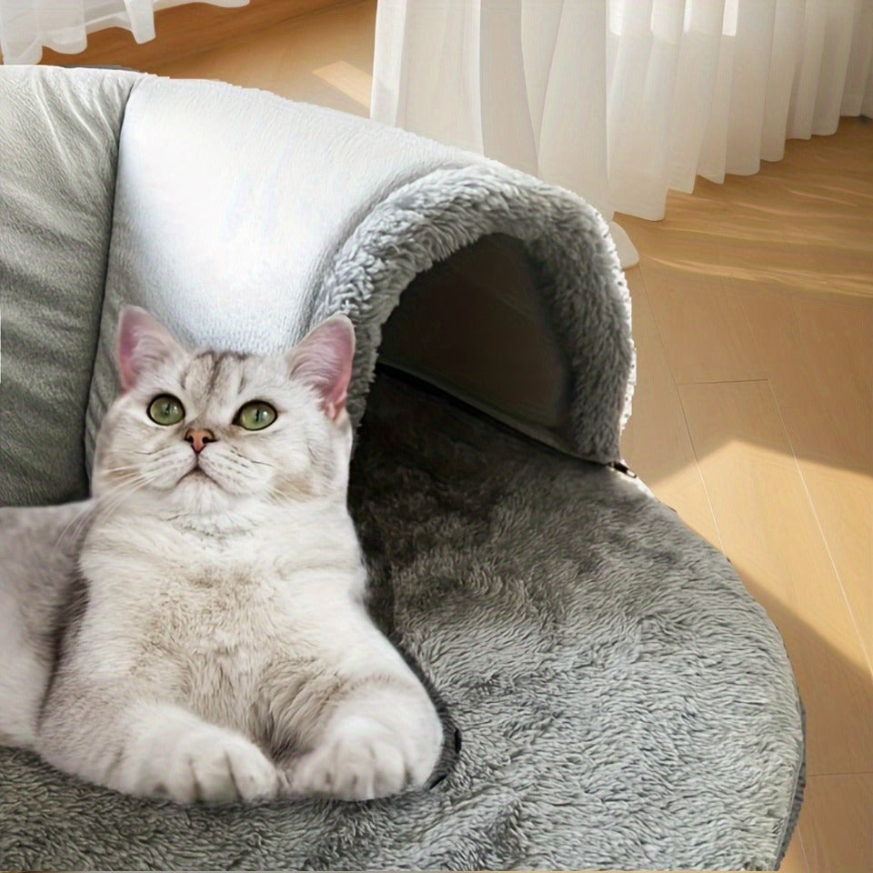 Cat Tunnel Bed 3-in-1 Play Mat & Warm Nest with Non-Slip Base, Durable Chew-Resistant Polyester Cat Bed for Indoor Cats, Soft Gray White Design, S & M Sizes for Cats Rabbits Hamsters