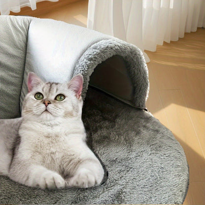 Cat Tunnel Bed 3-in-1 Play Mat & Warm Nest with Non-Slip Base, Durable Chew-Resistant Polyester Cat Bed for Indoor Cats, Soft Gray White Design, S & M Sizes for Cats Rabbits Hamsters