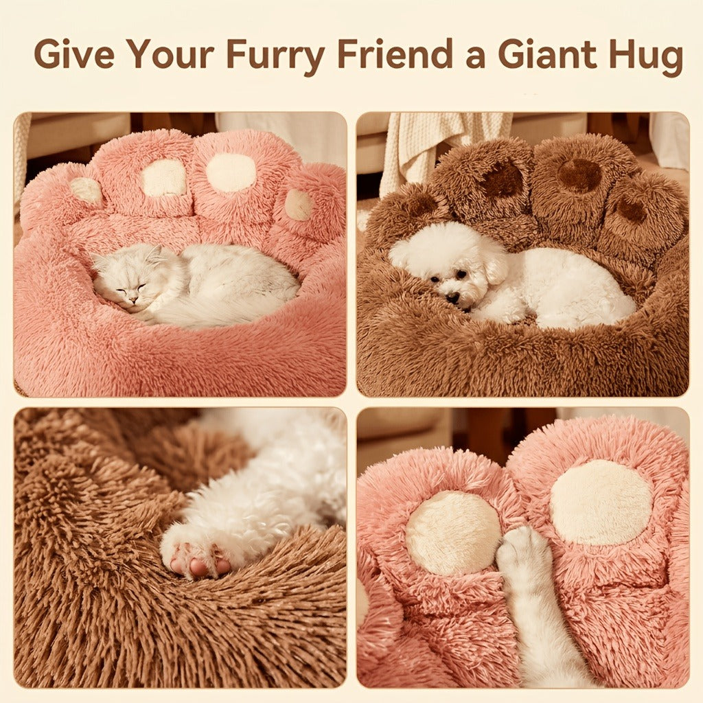 Dog Bed & Cat Bed Plush Bear Paw Print – Soft Warm Pet Bed for Small Medium Large Dogs, Thickened Long Plush, No Assembly, Autumn Winter Pet Sleeping Bed in Coffee Pink Gray