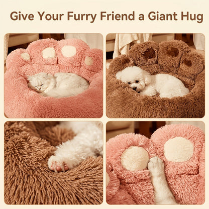 Dog Bed & Cat Bed Plush Bear Paw Print – Soft Warm Pet Bed for Small Medium Large Dogs, Thickened Long Plush, No Assembly, Autumn Winter Pet Sleeping Bed in Coffee Pink Gray