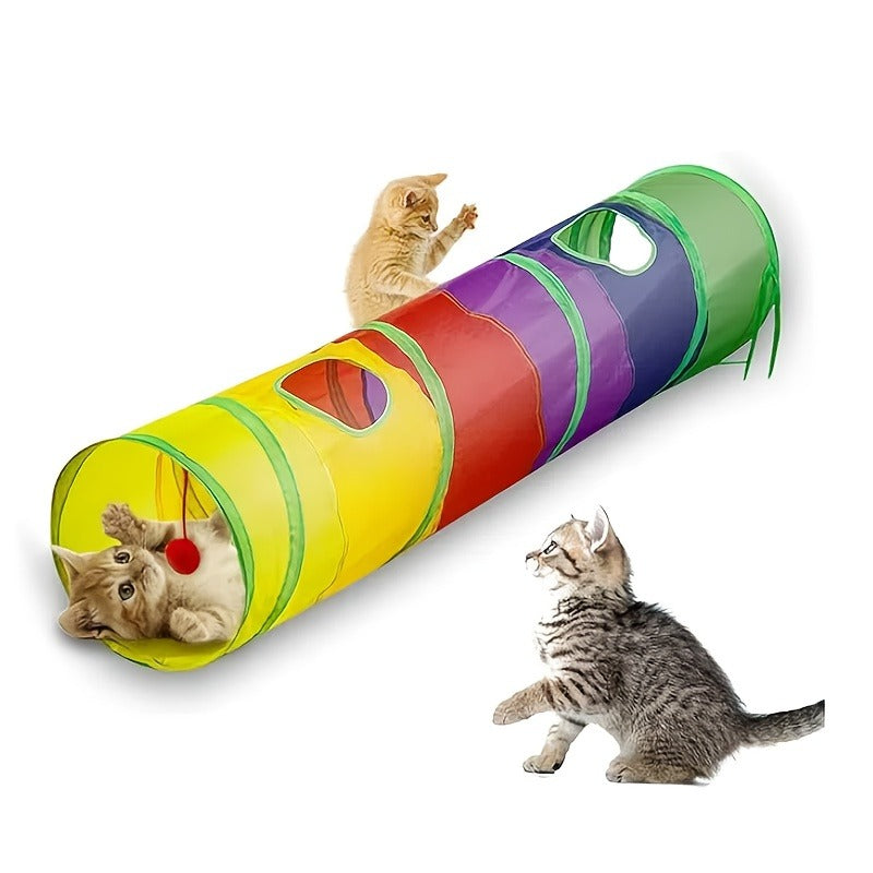 Collapsible Cat Tunnel Toy - Foldable S-Shaped & 3-Way Tube with Ball & Peek Holes, Rainbow Colors, Connectable Cat Play Tunnel for Indoor Cats & Kittens, 1pc or 2-Pack Bundle