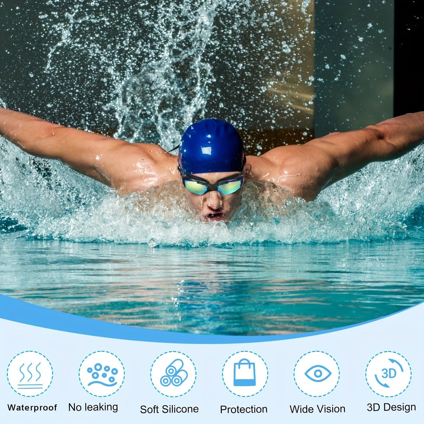 Swim Goggles Set 6pcs – Iridescent Coated PC Lens, UV Protection, Waterproof PU Swim Cap, Nose Clip, Earplugs, Case & Storage Bag for Adult Racing Swimming
