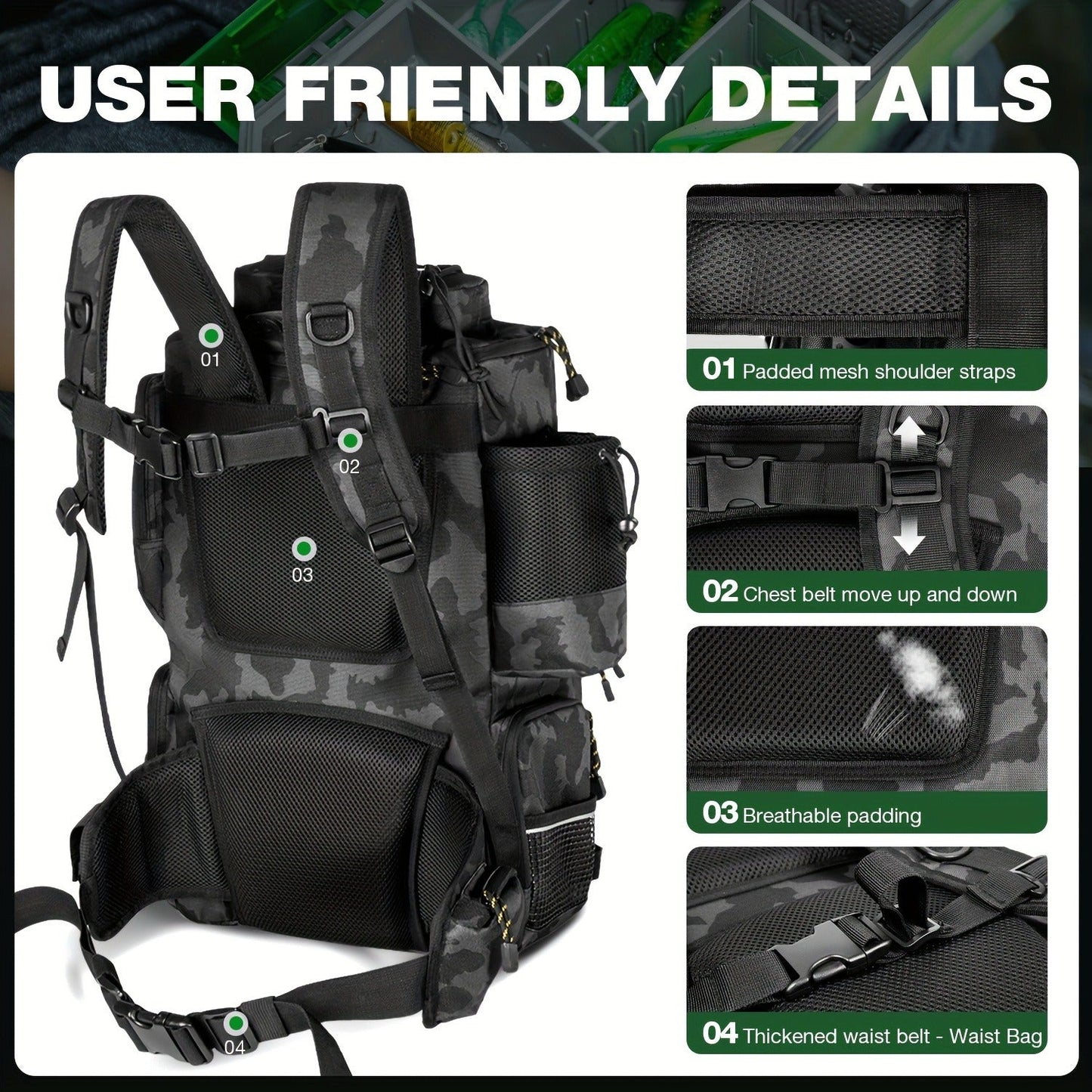 Large Fishing Tackle Bag with 4 Tackle Boxes – 43L Backpack with Rod Holder, Detachable Waist Pack & Gear Storage for Men Women | Black, Khaki & Camo